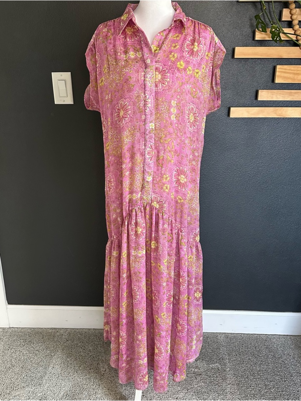 MISA Los Angeles Pink Floral Maxi Dress XS Oversized boho Sheer Lightweight - Picture 2 of 8